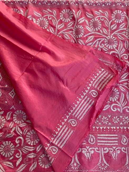 Blush Pink Floral Kantha Silk Saree from Bengal